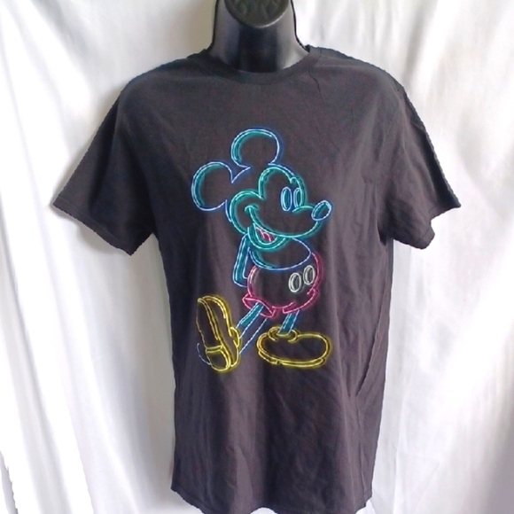 Disney Black T-Shirt with Neon Mickey Mouse Design, Sz M - Picture 1 of 5